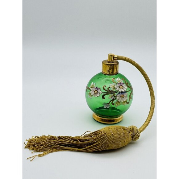VTG PERFUME ATOMIZER EMERALD GREEN GLASS GOLD ACCENT FLOWERS CZECHOSLOVAKIA - Picture 1 of 7